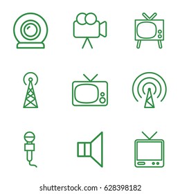 Broadcast icons set. set of 9 broadcast outline icons such as signal tower, microphone, TV, camera, megaphone, web camera