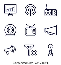 Broadcast icons set. set of 9 broadcast outline icons such as signal tower, signal, radio, tv, web camera, megaphone
