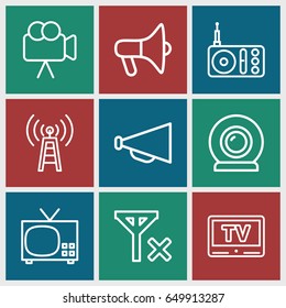 Broadcast icons set. set of 9 broadcast outline icons such as megaphone, radio, camera, tv, web camera, no signal