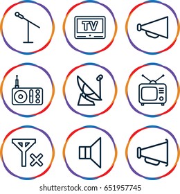 Broadcast icons set. set of 9 broadcast outline icons such as megaphone, radio, tv, tv, no signal, satellite