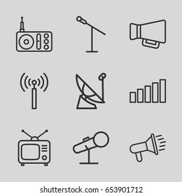 Broadcast icons set. set of 9 broadcast outline icons such as signal tower, radio, tv, megaphone, microphone, signal