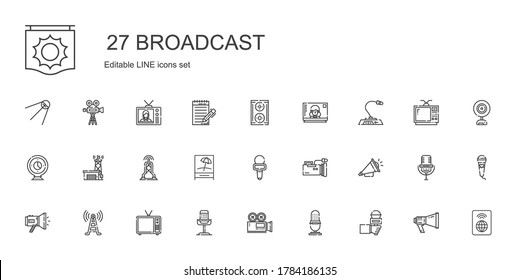 broadcast icons set. Collection of broadcast with microphone, video camera, television, signal tower, megaphone, loudspeaker, signal, antenna. Editable and scalable broadcast icons.