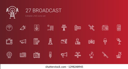 broadcast icons set. Collection of broadcast with satellite dish, satellite, megaphone, microphone, television, voice recorder, webcam. Editable and scalable broadcast icons.