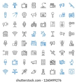 broadcast icons set. Collection of broadcast with signal, journalist, television, antenna, loudspeaker, satellite, satellite dish, video camera. Editable and scalable broadcast icons.