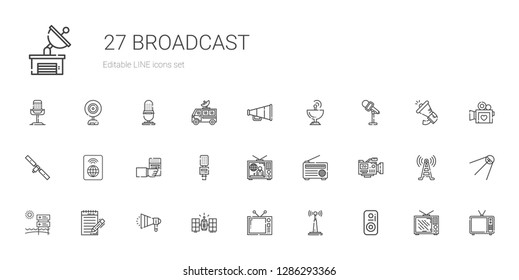 broadcast icons set. Collection of broadcast with speaker, antenna, television, satellite, megaphone, journalist, signal, video camera. Editable and scalable broadcast icons.