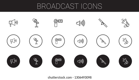 broadcast icons set. Collection of broadcast with speaker, microphone, camcorder, satellite, megaphone. Editable and scalable broadcast icons.