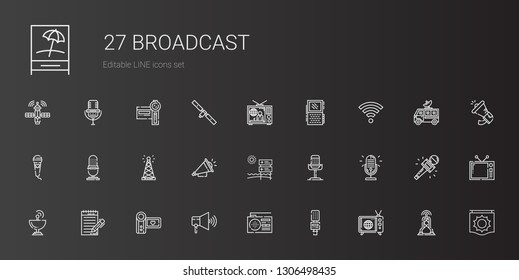 broadcast icons set. Collection of broadcast with tv, microphone, radio, speaker, camcorder, journalist, satellite dish, signal, loudspeaker. Editable and scalable broadcast icons.