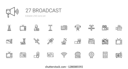 broadcast icons set. Collection of broadcast with webcam, live, wifi, microphone, radio, television, video camera, satellite dish, journalist. Editable and scalable broadcast icons.