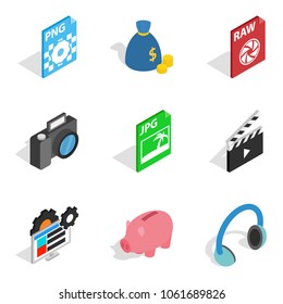 Broadcast icons set. Isometric set of 9 broadcast vector icons for web isolated on white background