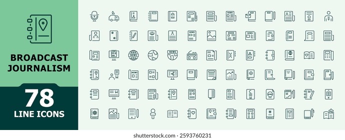 Broadcast Journalism icon collection. Includes thin line interview, broadcast, media, journalism, phone, marketing and more. Collection for mobile and web apps. Editable vector illustration.