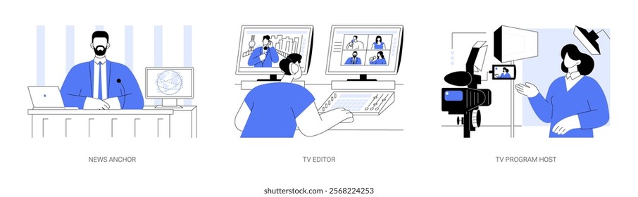 Broadcast journalism isolated cartoon vector illustrations set. Professional TV presenter, news anchor, editor work mixer in television studio, program host speaking on camera vector cartoon.