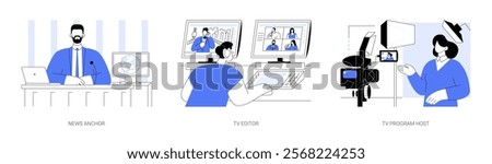 Broadcast journalism isolated cartoon vector illustrations set. Professional TV presenter, news anchor, editor work mixer in television studio, program host speaking on camera vector cartoon.