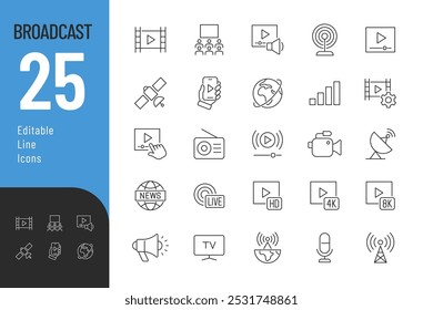 Conjunto de iconos editables de línea de difusión. Ilustración vectorial Video en estilo de línea delgada moderna de iconos relacionados: reproductor, medios, producción y más. Pictogramas e infografías para App móviles