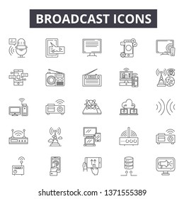 Broadcast line icons, signs set, vector. Broadcast outline concept, illustration: antenna,communication,technology,internet,radio,broadcasting,connection