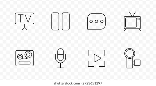 Ícone do conjunto de mdias de difusao. Ícones mínimos mostram telas de TV, botão de pausa, balão de fala, microfone, gravador de vídeo, bobina e controles de reprodução no contexto de mídia e comunicação.