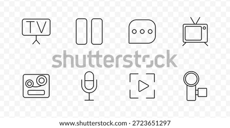 Broadcast media set icon. Minimal icons show TV screens, pause button, speech bubble, microphone, video recorder, reel, and play controls in media and communication context.