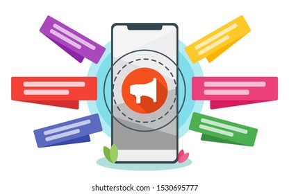 Broadcast message via mobile phone apps vector illustration design. Smartphone apps system utility and service concept element.  Can be used for web, mobile, and print. Suitable for infographic