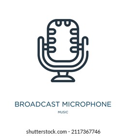 broadcast microphone thin line icon. radio, voice linear icons from music concept isolated outline sign. Vector illustration symbol element for web design and apps.