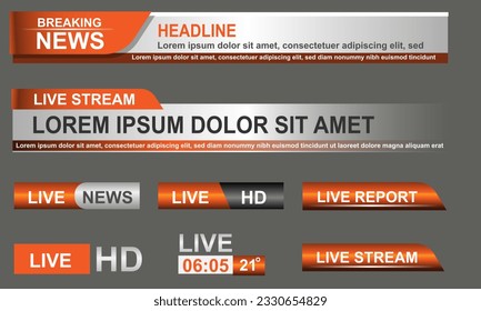 Broadcast News Lower Thirds Template layout orange grey set collection design banner for bar Headline news title, sport game in Television, Video and Media Channel vector illustration.