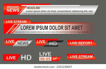 Broadcast News Lower Thirds Template layout red grey set collection design banner for bar Headline news title, sport game in Television, Video and Media Channel vector illustration.