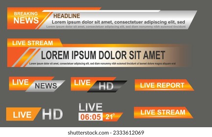 Broadcast News Lower Thirds Template layout orange grey set collection design banner for bar Headline news title, sport game in Television, Video and Media Channel vector illustration.