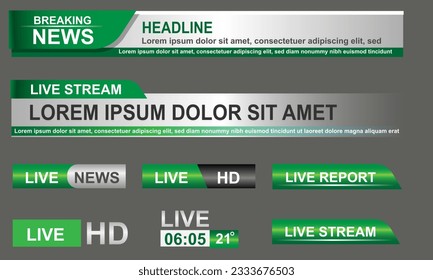 Broadcast News Lower Thirds Template Layout grün graue Set Sammlung Design-Banner für Bar Headline News Titel, Sport Spiel in Fernsehen, Video und Media Channel Vektorgrafik.