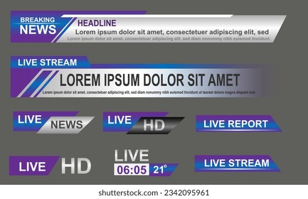 Broadcast News Lower Thirds Template layout purple grey set collection design banner for bar Headline news title, sport game in Television, Video and Media Channel vector illustration.