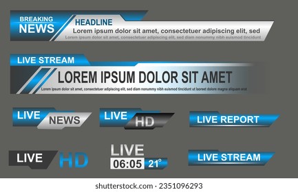 Broadcast News Lower Thirds Template layout blue grey set collection design banner for bar Headline news title, sport game in Television, Video and Media Channel vector illustration.