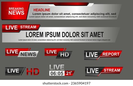 Broadcast News Lower Thirds Template layout red grey set collection design banner for bar Headline news title, sport game in Television, Video and Media Channel vector illustration.