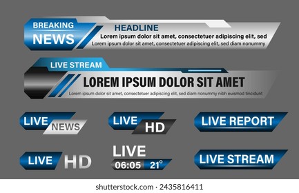 Broadcast News Lower Thirds Template layout blue grey set collection design banner for bar Headline news title, sport game in Television, Video and Media Channel vector illustration.