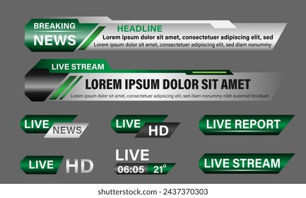 Broadcast News Lower Thirds Template layout green grey set collection design banner for bar Headline news title, sport game in Television, Video and Media Channel vector illustration.
