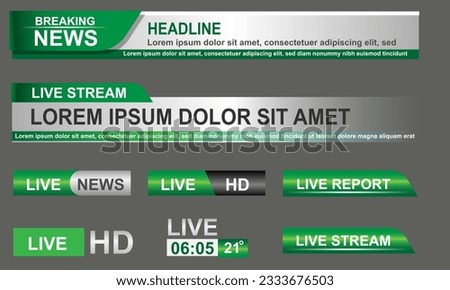 Broadcast News Lower Thirds Template layout green grey set collection design banner for bar Headline news title, sport game in Television, Video and Media Channel vector illustration.
