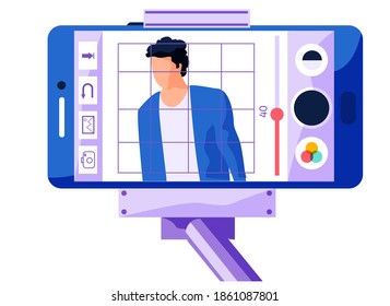 Transmisión desde un teléfono fijo a un monopodo. El hombre mira la cámara. Aplicación de edición de fotos para smartphone. Foto de un hombre apuesto con filtros en la pantalla de un teléfono. Carácter masculino posando para disparar