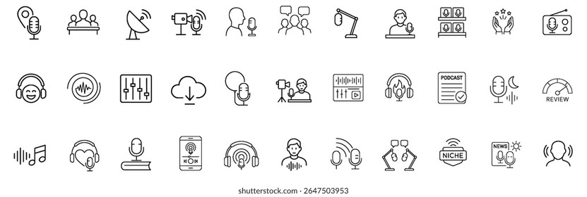 Coleção de Ícones de Traços de Difusão e Podcast. Apresentando Equipamentos de Áudio, Símbolos de Streaming, Ondas de Som e Elementos de Talk Show. Conjunto de vetores de estrutura de tópicos editável.