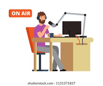 Broadcast in radio studio. Broadcasting person with microphone and headphones. Cartoon vector illustration. Broadcasting studio and radio dj with mic
