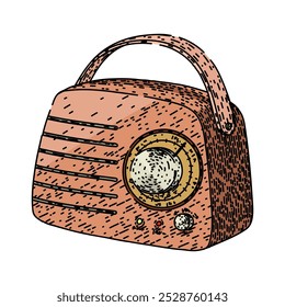 transmissão de rádio retro desenhado à mão. discagem transistor, receptor de antena, falante am transmissão retro rádio vetor esboço.