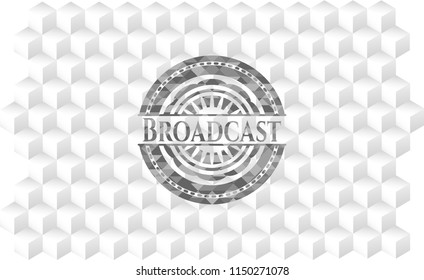 Broadcast retro style grey emblem with geometric cube white background