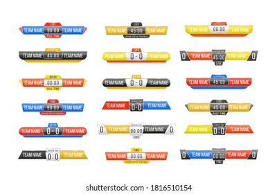 Broadcast score banner. Sport scoreboard with time and result display. Scoreboard broadcast graphic and lower thirds template for sport soccer, football. Vector illustration, eps 10.