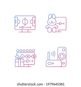 Broadcast services gradient linear vector icons set. Cartoons, sports, TV shows streaming. Wi-Fi connection. Thin line contour symbols bundle. Isolated vector outline illustrations collection