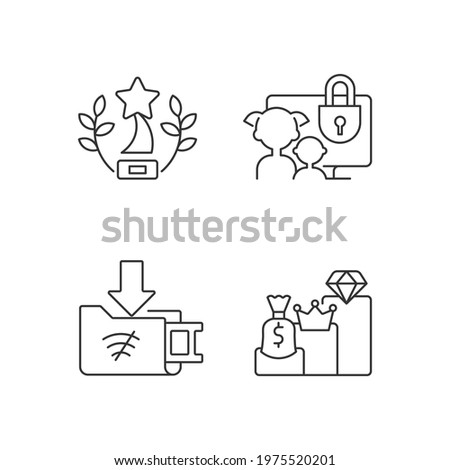 Broadcast services linear icons set. Award-winning content. Parental control. Offline downloads. Customizable thin line contour symbols. Isolated vector outline illustrations. Editable stroke