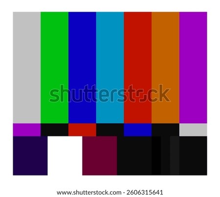 Broadcast set icon. TV test screen with multicolored bars represents signal testing, error, media broadcast, transmission problem, and television industry.