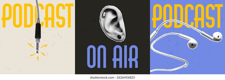 Transmissão mostra modelos, fones de ouvido, plugue e ouvido elementos de colagem. Formas de corte punk em meio-tom para marcação de podcasts, tipografia arrojada.
