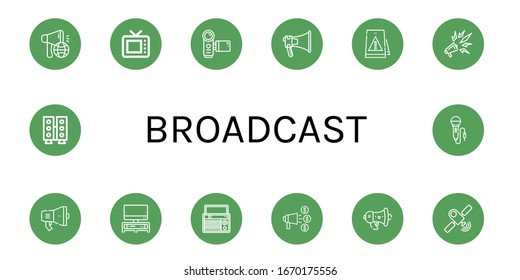 ajuste de iconos sencillos de difusión. Contiene iconos tales como Megaphone, Old tv, Camcorder, Signaling, Promotion, Tv, Radio, Anuncio, Satellite, Speaker, se pueden utilizar para web, móvil y logotipo