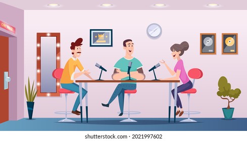 Estudio de difusión. Entrevista de podcast: personas hablando con micrófonos en el interior de la sala de imágenes vectoriales exactas