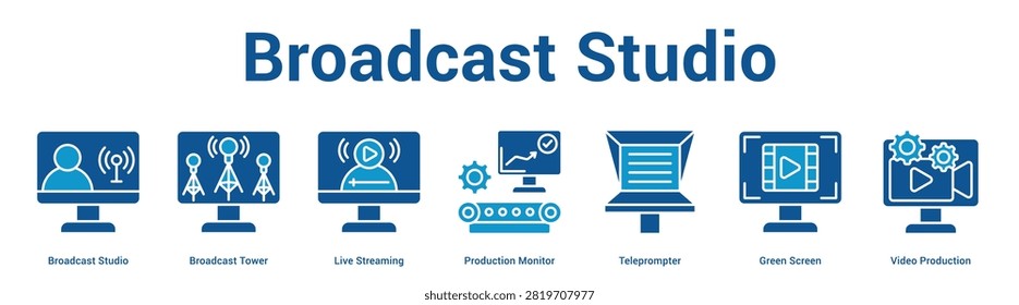 Broadcast Studio web banner icon set vector illustration concept for business with icon of Broadcast Studio, Broadcast Tower, Live Streaming, Production Monitor, Teleprompter, Green Scre.