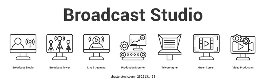 Broadcast Studio web banner icon set vector illustration concept for business with icon of Broadcast Studio, Broadcast Tower, Live Streaming, Production Monitor, Teleprompter, Green Scre.