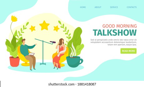 Broadcast talkshow record, people work at entertainment media vector illustration. Flat studio with man woman character speak at microphone. Radio talk broadcasting, voice and music.