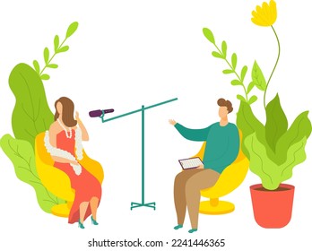 Broadcast talkshow record, people work at entertainment media vector illustration. Flat studio with man woman character speak at microphone.