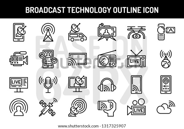 Broadcast technology outline icons set. Pixel\
perfect icon base on\
64PX