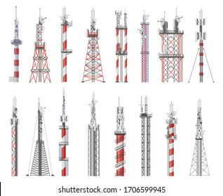 Broadcast technology tower. Communication antenna tower, wireless radio signal station. Cellular network tower vector illustration icons set. Radio signal tower, cellular broadcast cordless